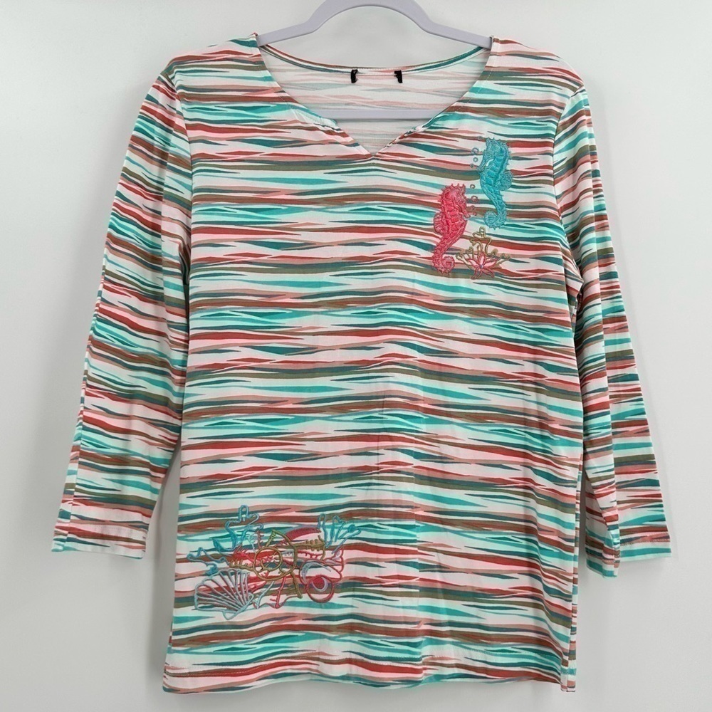 Bua Bua Women’s Multicolored 3/4 Sleeve Cotton Tee Seahorse Motif Size Medium